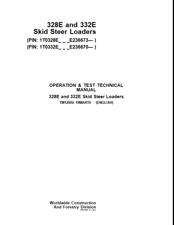 John Deere 328E and John Deere 332E Skid Steer Operation and Test Technical Manual - Image 2
