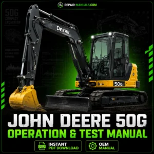 Technical manual cover for John Deere 50G Compact Excavator, detailing operation and testing procedures