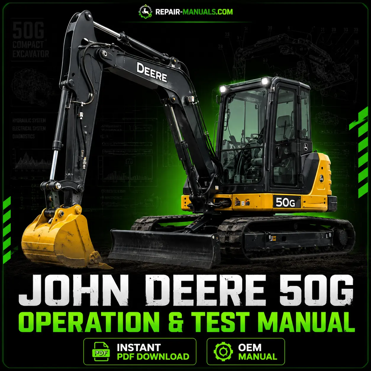 Technical manual cover for John Deere 50G Compact Excavator, detailing operation and testing procedures