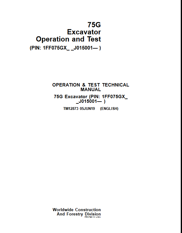 John Deere 75G Excavator Operation and Test Manual - Image 2