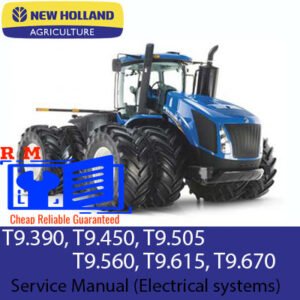 Service manual cover for New Holland T9.390 to T9.670 Tier 4 tractors, featuring model specifications and maintenance guidelines