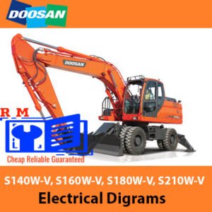 Detailed electrical diagrams for Doosan S140W-V, S160W-V, S180W-V, and S210W-V excavators, showing wiring layouts