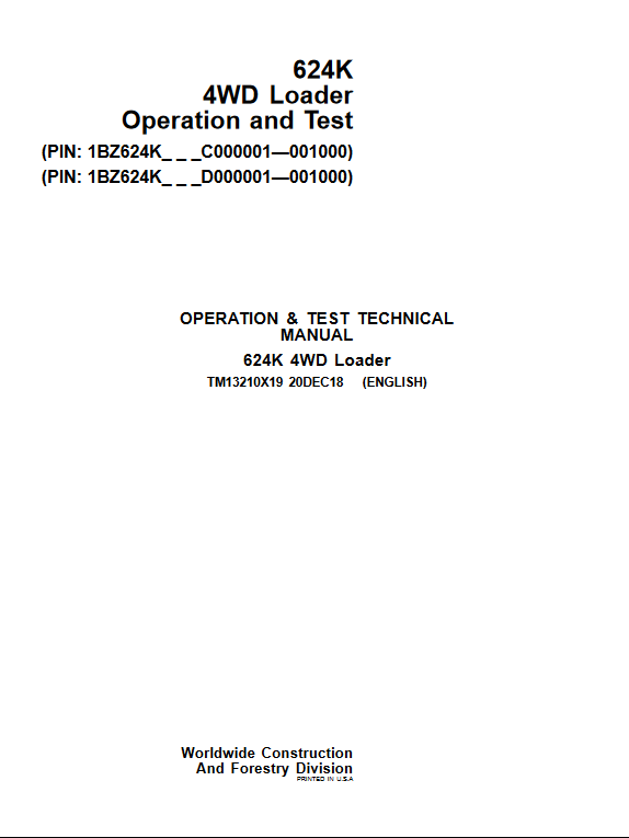 John Deere 624K 4WD Loader Operation and Test Technical Manual - Image 2