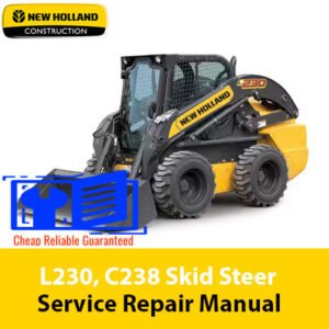 Service repair manual cover for NEW HOLLAND Skid Steer models L230 and C238, featuring technical illustrations and details
