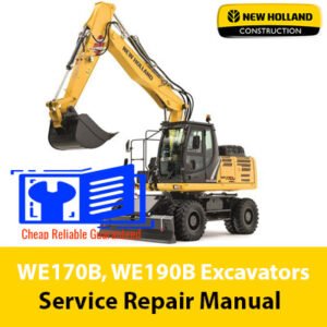 Service repair manual cover for New Holland WE170B and WE190B wheeled excavators, featuring technical illustrations and details