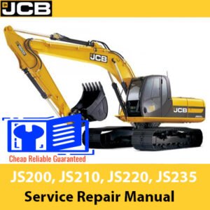 Service repair manual cover for JCB JS200, JS210, JS220, and JS235 excavators, featuring technical diagrams and instructions