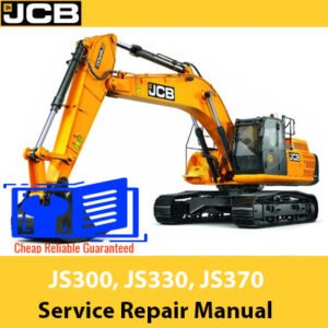 Service repair manual cover for JCB JS300, JS330, and JS370 excavators, featuring technical diagrams and maintenance guidelines
