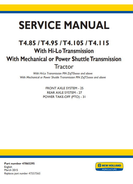 New Holland T4.85, T4.95, T4.105, T4.115 Tractor Service Repair Manual (Axle System) - Image 2