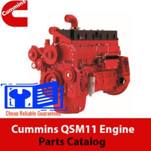 Cummins QSM11 engine parts catalog cover featuring detailed illustrations and part descriptions for maintenance and repair