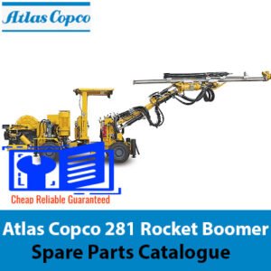 Atlas Copco 281 Rocket Boomer Spare Parts Catalogue cover featuring detailed parts and specifications for maintenance