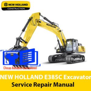 New Holland E385C excavator service repair manual, showcasing the title and detailed diagrams for maintenance guidance