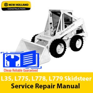 Service repair manual cover for New Holland L35, L775, L778, and L779 skid steers, featuring technical illustrations and details