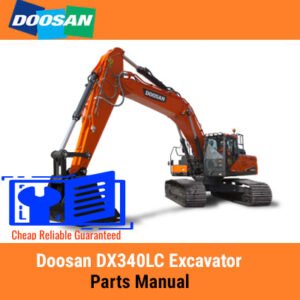Parts manual for Doosan DX340LC Excavator, showing the cover with an image of the excavator and title details