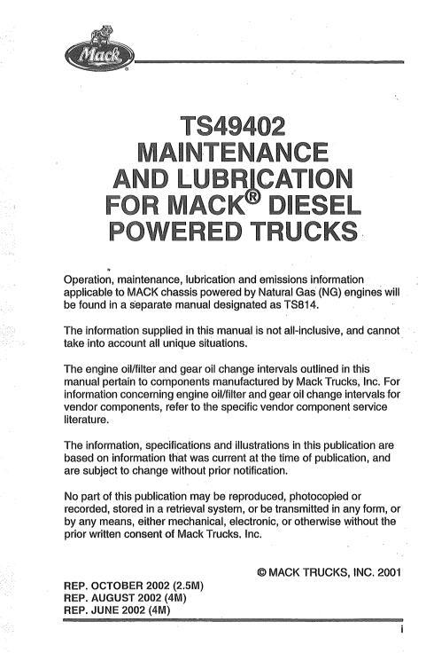 Mack Truck 2002 Maintenance and Lubrication Operator's Manual - Image 5
