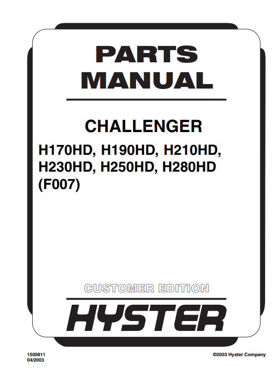 Hyster H170HD, H190HD, H210HD, H230HD, H250HD, H280HD (F007) Forklift Parts Manual - Image 2