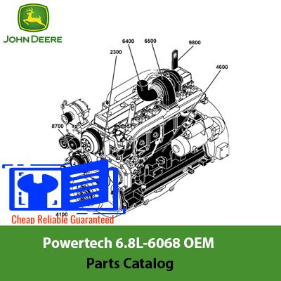 John Deere Powertech 6.8L-6068 OEM Parts Catalog, displaying a comprehensive list of engine parts and technical details