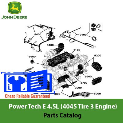John Deere Power Tech E 4.5L (4045 Tier 3) engine parts catalog, featuring diagrams and part descriptions