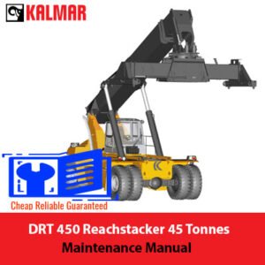 Maintenance manual cover for Kalmar DRT 450 Reachstacker, 45 tonnes, featuring technical illustrations and specifications