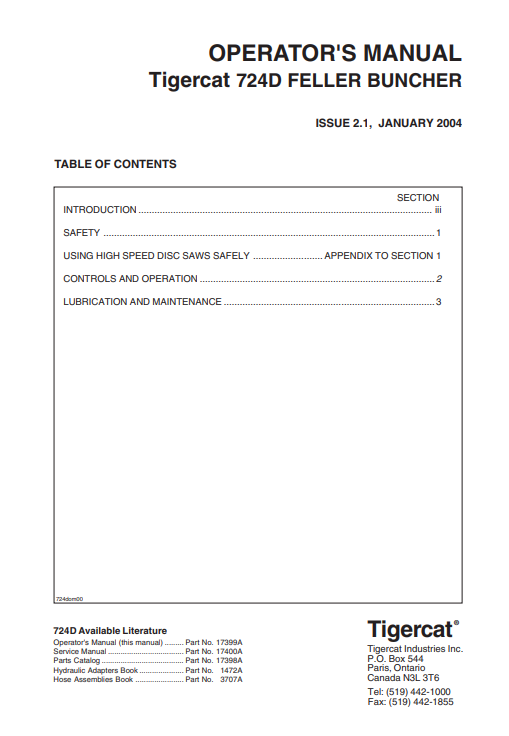 Tigercat 724D Feller Buncher Operator's Manual - Image 2