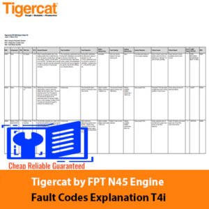Infographic illustrating Tigercat by FPT N45 engine fault codes for T4i, with descriptions of each code and troubleshooting tips