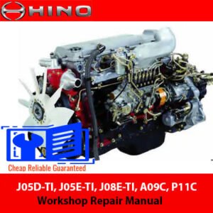 Workshop repair manual cover for Hino J05D-TI, J05E-TI, J08E-TI, A09C, and P11C engines, featuring technical illustrations