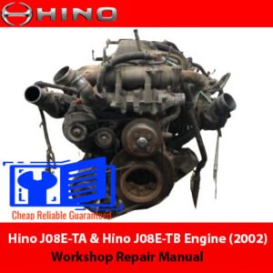 Workshop repair manual cover for Hino J08E-TA & J08E-TB engines, featuring technical diagrams and maintenance instructions