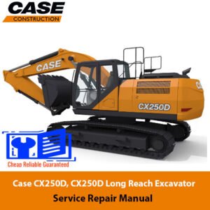 Service repair manual for Case CX250D Long Reach Excavator, showcasing the machine and essential maintenance information