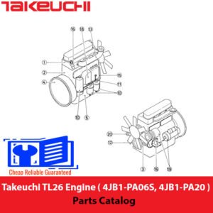 Catalog of parts for Takeuchi TL26 Engine, covering models 4JB1-PA06S and 4JB1-PA20 with specifications and details