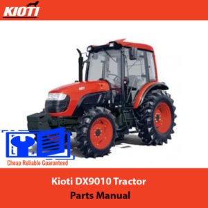 Kioti DX9010 Tractor Parts Manual cover featuring a detailed illustration of tractor components and parts list