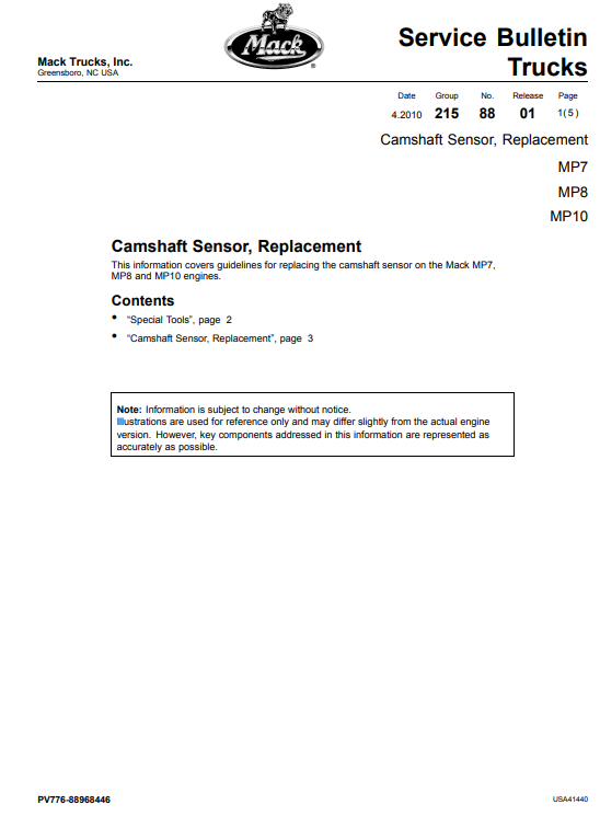 mack mp8 camshaft position sensor location