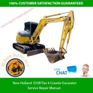 New Holland E55B Excavator service repair manual, displaying the title and technical graphics for maintenance guidance