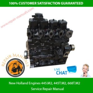 New Holland Engines service repair manual for models 445.M2, 445T.M2, and 668T.M2, showcasing technical illustrations and details