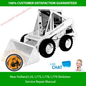 Service repair manual cover for New Holland L35, L775, L778, and L779 skid steers, featuring technical illustrations and details