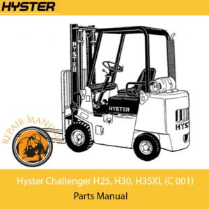 Parts manual for Hyster Challenger H25, H30, H35XL forklifts, detailing components and specifications for maintenance