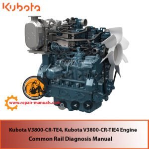 Technical manual for Kubota V3800-CR-TE4 engine diagnosis, showcasing common rail system details and troubleshooting tips