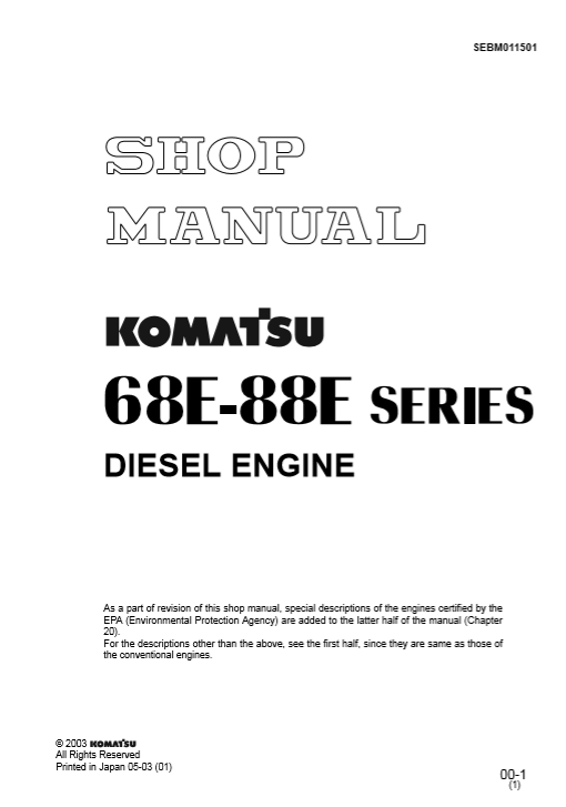 Repair manual for Komatsu 68E-88E Series diesel engines, offering guidance on maintenance and troubleshooting techniques
