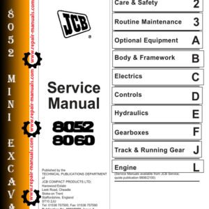 JCB 8052 Mini Excavator Service Repair Manual cover featuring the model and technical illustrations for maintenance guidance