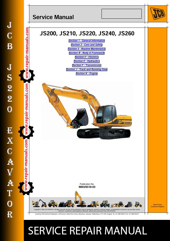 JCB JS220 Excavator Service Repair Manual cover featuring the model and technical illustrations for maintenance guidance