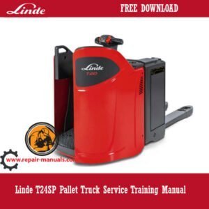 Cover of the Linde T24SP Pallet Truck Service Training Manual, showcasing the truck and key service information