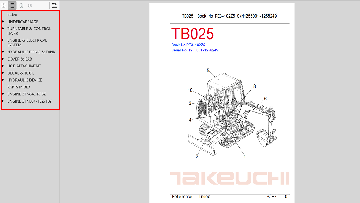 Parts manual for Takeuchi TB025, detailing components and specifications