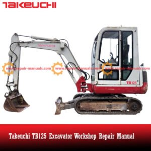 Takeuchi TB125 Excavator Workshop Repair Manual cover featuring the model and technical illustrations for maintenance guidance