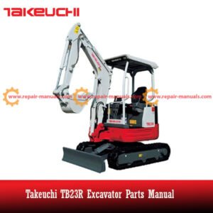 Parts manual for Takeuchi TB23R Excavator, displaying an image of the excavator and detailed parts information