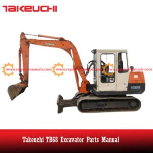 Takeuchi TB68 Excavator Parts Manual cover featuring an illustration of the excavator and parts list