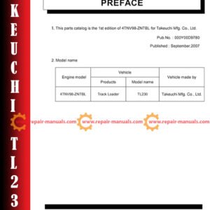 Parts manual for Takeuchi TL230 Skid Steer featuring engine model 4TNV98-ZNTBL, detailing components and specifications