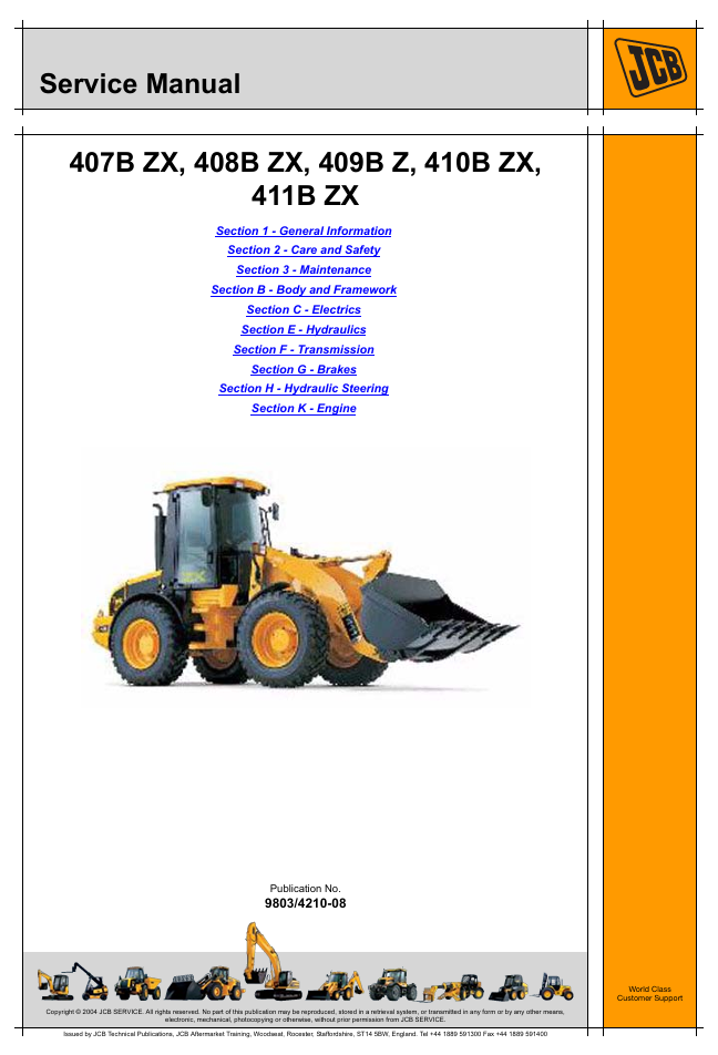 Comprehensive service manual for JCB 408B ZX Wheel Loader, offering repair instructions and maintenance
