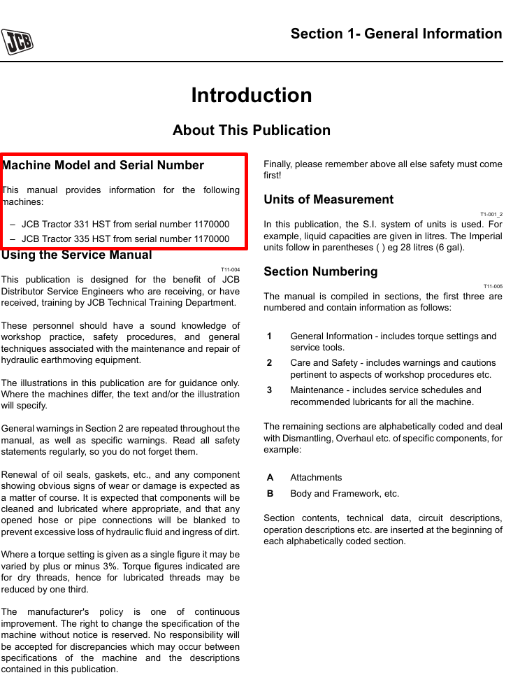 Detailed repair manual for JCB 335 HST tractor, offering guidance on service and maintenance procedures