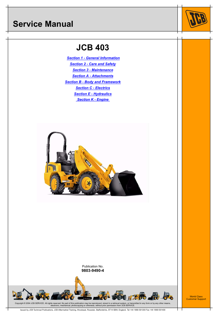 Comprehensive service manual for JCB 403 Mini Loader, offering repair instructions and maintenance guidelines