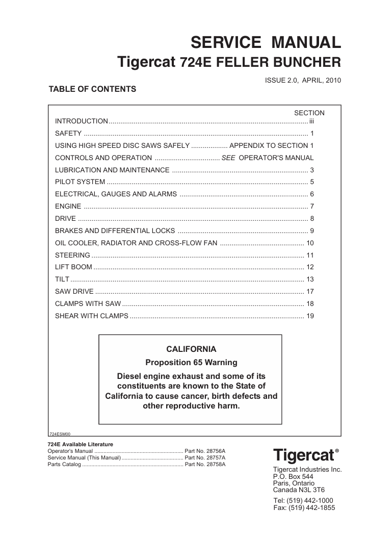 Detailed service repair manual for the Tigercat 724E Feller Buncher, focusing on maintenance and operational procedures