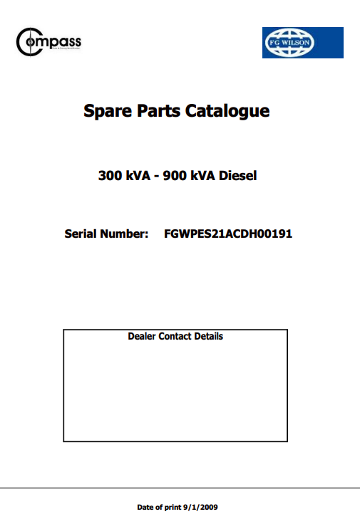 FG WILSON 300 kVA 900 kVA Generator Spare Parts Catalogue