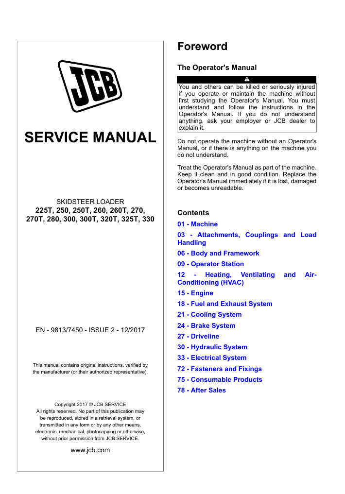 Comprehensive service manual for JCB 300T Skidsteer Loader, covering repair and maintenance guidelines